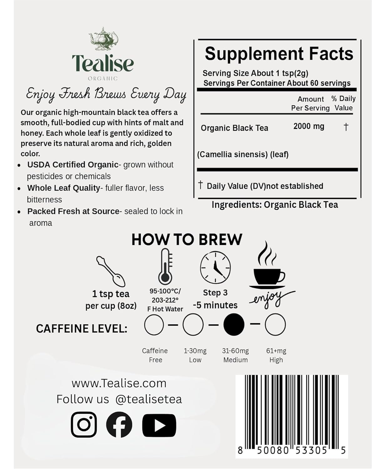 Organic Black Tea Plant-Based & Plastic-Free Tea Bags 60 Servings Premium Whole Leaf Loose Tea by Tealise