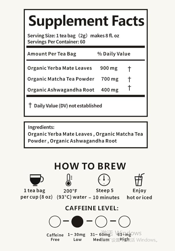 Organic EnergyFocus Tea Bags Yerba Mate, Matcha Powder, Ashwagandha Root, 60 Servings Plant-Based Tea Bags – Caffeine Free