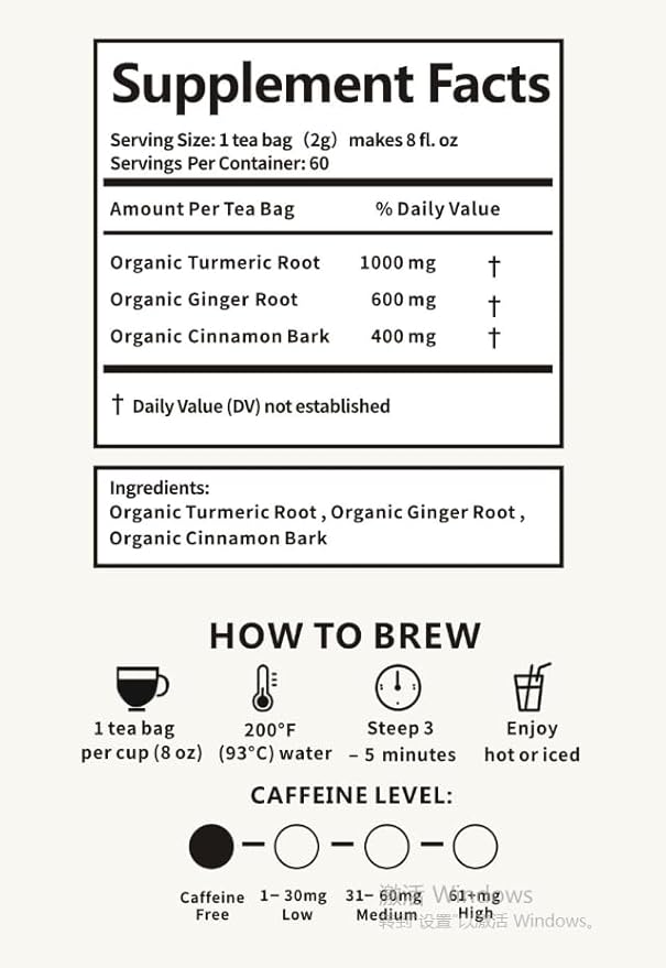 Organic Ginger Turmeric Cinnamon Teabag 60 Servings with individual Wrap