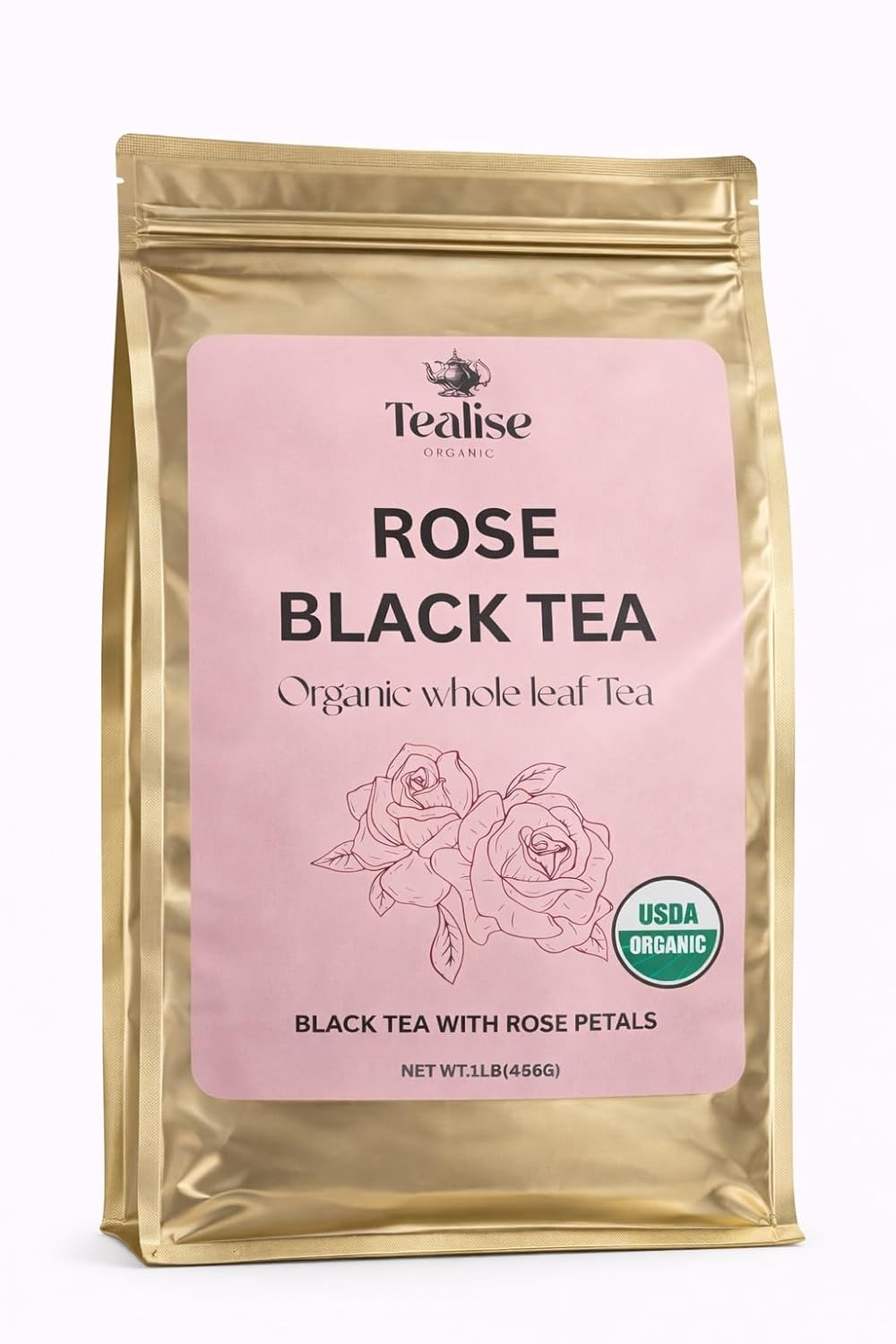 Organic Rose Black Tea Loose Leaf – Whole Leaf, USDA Organic, Smooth Floral Aroma, Antioxidant Rich Black Tea, 1 lb (456g) by Tealise