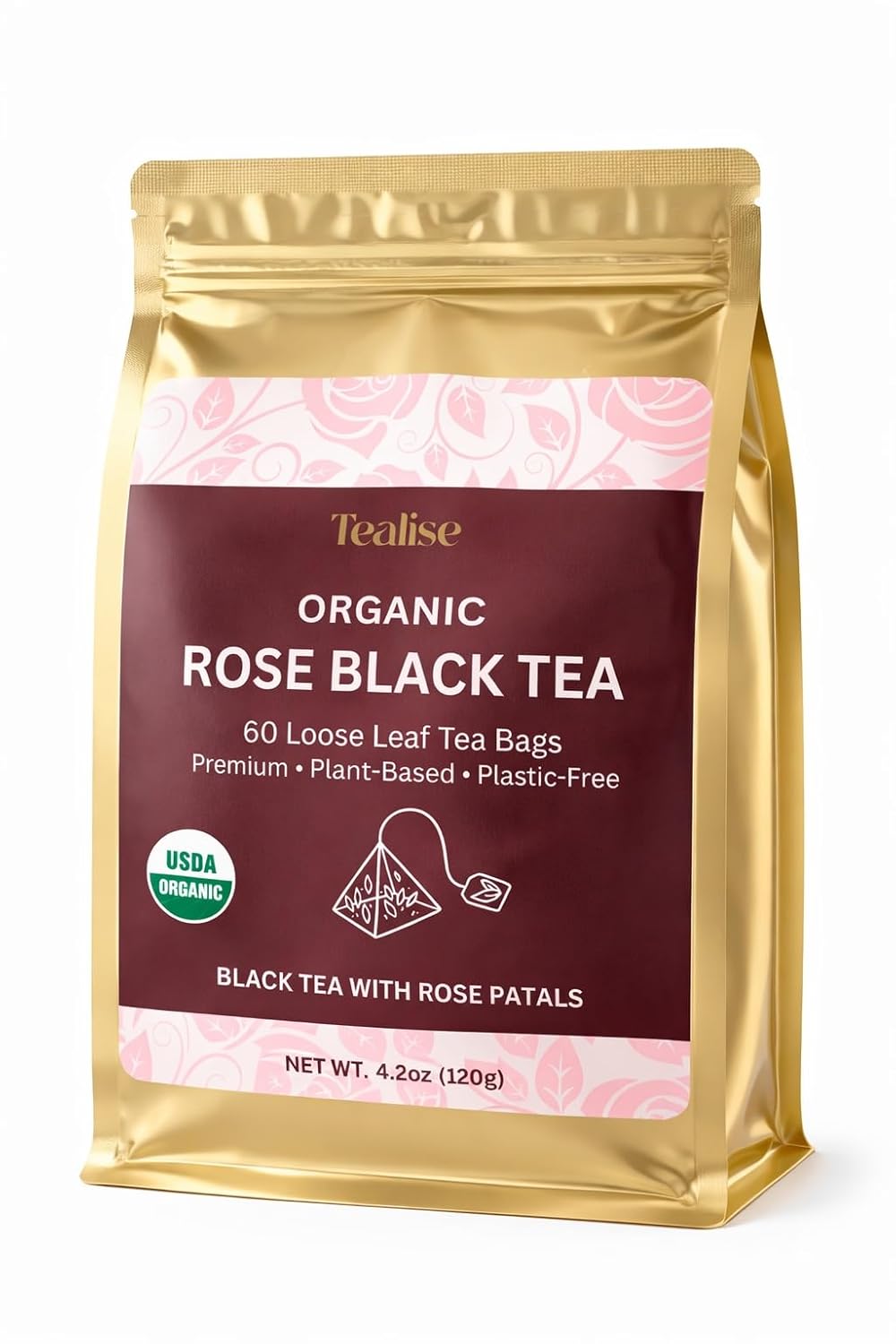 Organic Rose Black Whole Leaf Pyramid Tea Bags – USDA Organic, Plant-Based & Plastic-Free Tea Bags, Smooth Floral Black Tea, 60 Count by Tealise