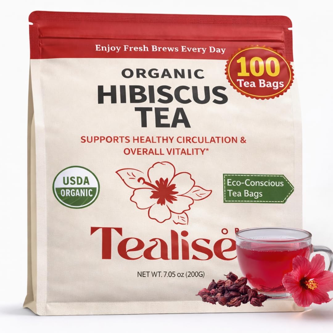 Organic Hibiscus Tea Bags – 100 Plant-Based Tea Bags – Hibiscus Flower Herbal Tea – Caffeine Free Herbal Tea – USDA Organic – Tealise