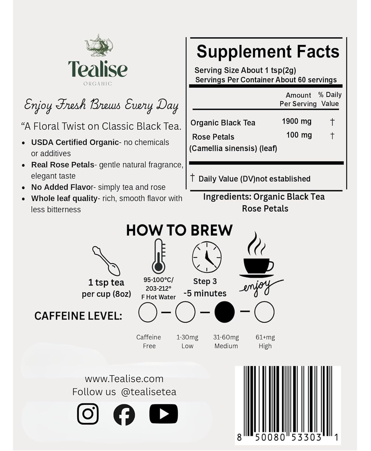 Organic Rose Black Whole Leaf Pyramid Tea Bags – USDA Organic, Plant-Based & Plastic-Free Tea Bags, Smooth Floral Black Tea, 60 Count by Tealise