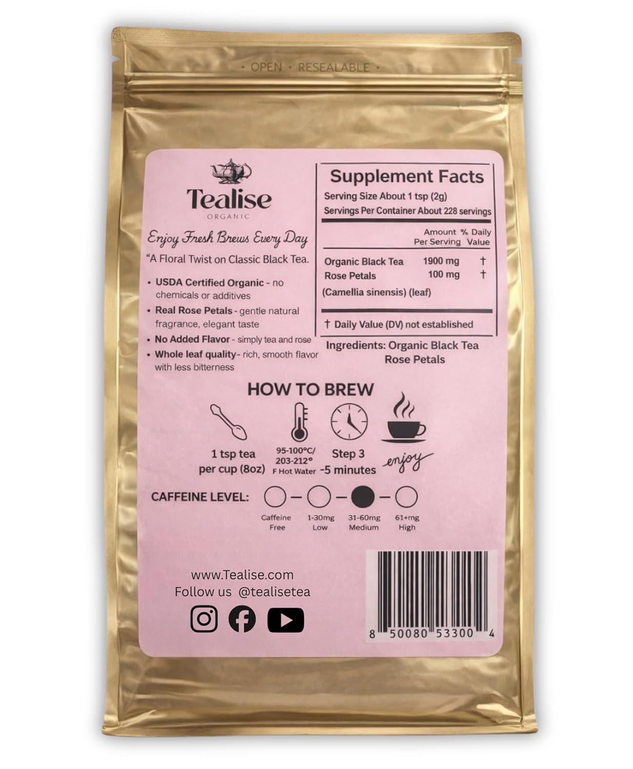 Organic Rose Black Tea Loose Leaf – Whole Leaf, USDA Organic, Smooth Floral Aroma, Antioxidant Rich Black Tea, 1 lb (456g) by Tealise