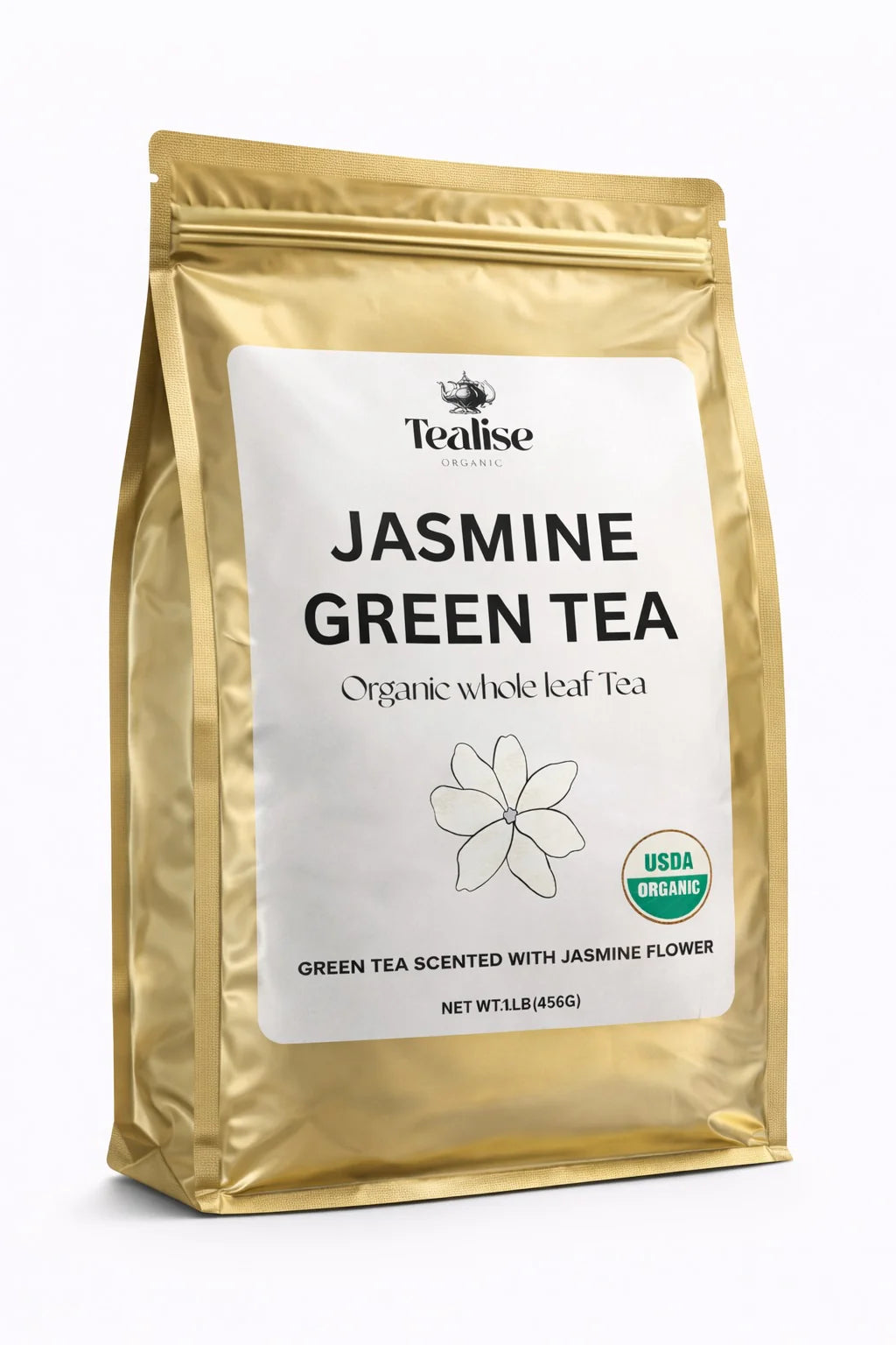 Organic Jasmine Green Tea Loose Leaf Whole Leaf, USDA Organic Smooth Floral Aroma Antioxidant Rich Green Tea 1 lb (456g) About 228 Servings by Tealise