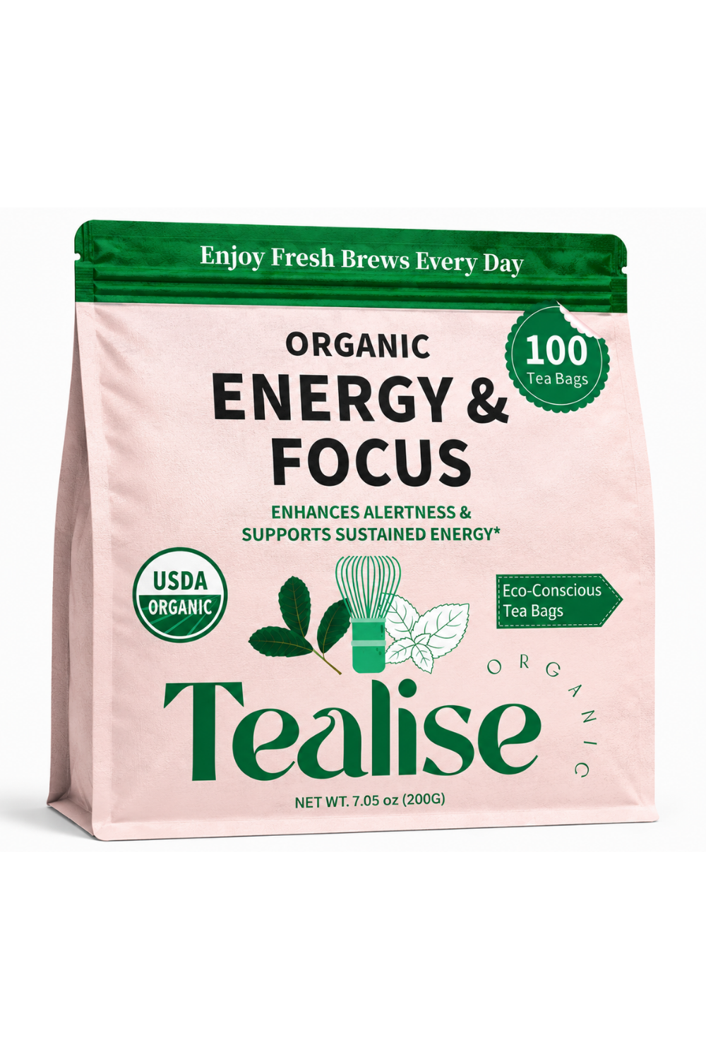 Organic Energy & Focus with Yerba Mate Matcha Ashwagandha Caffeine Free Herbal Tea – 100 Plant-Based Tea Bags – USDA Organic – Tealise
