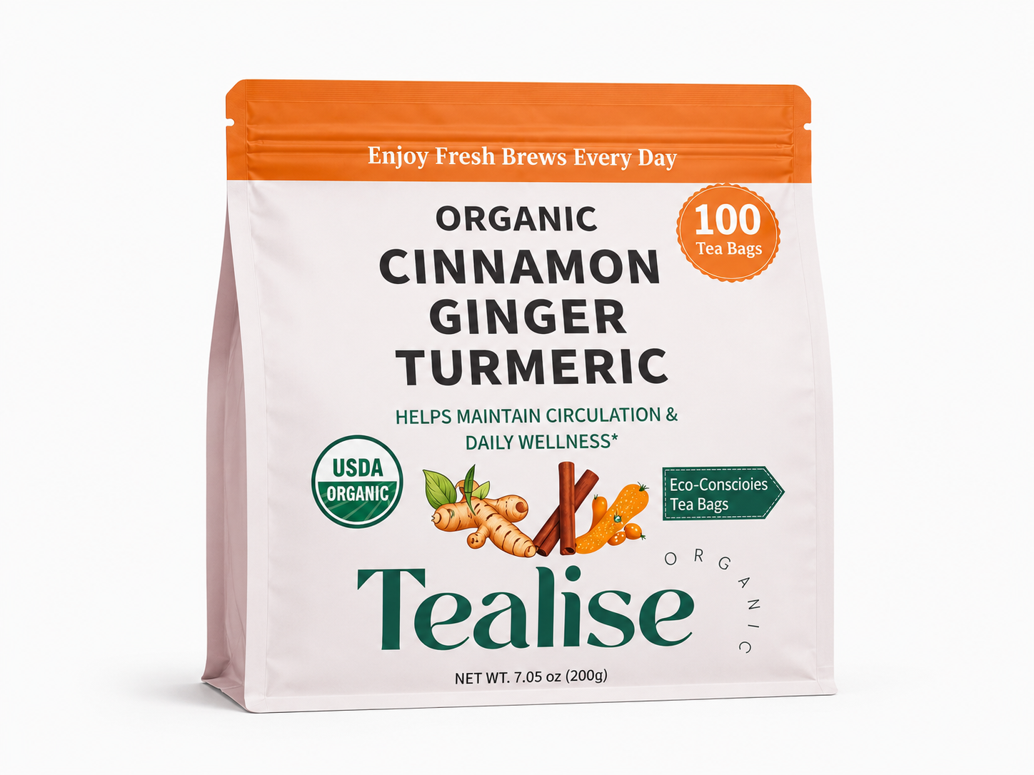 Organic Turmeric Ginger Cinnamon Herbal Tea Bags – Turmeric Ginger Herbal Tea – Caffeine Free Herbal Tea – 100 Plant-Based Tea Bags – USDA Organic – Tealise