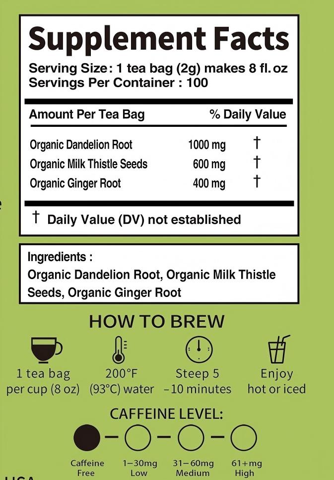 Organic Detox and Cleanse Dandelion Milk thistle Ginger Caffeine Free Herbal Tea – 100 Plant-Based Tea Bags – USDA Organic – Tealise