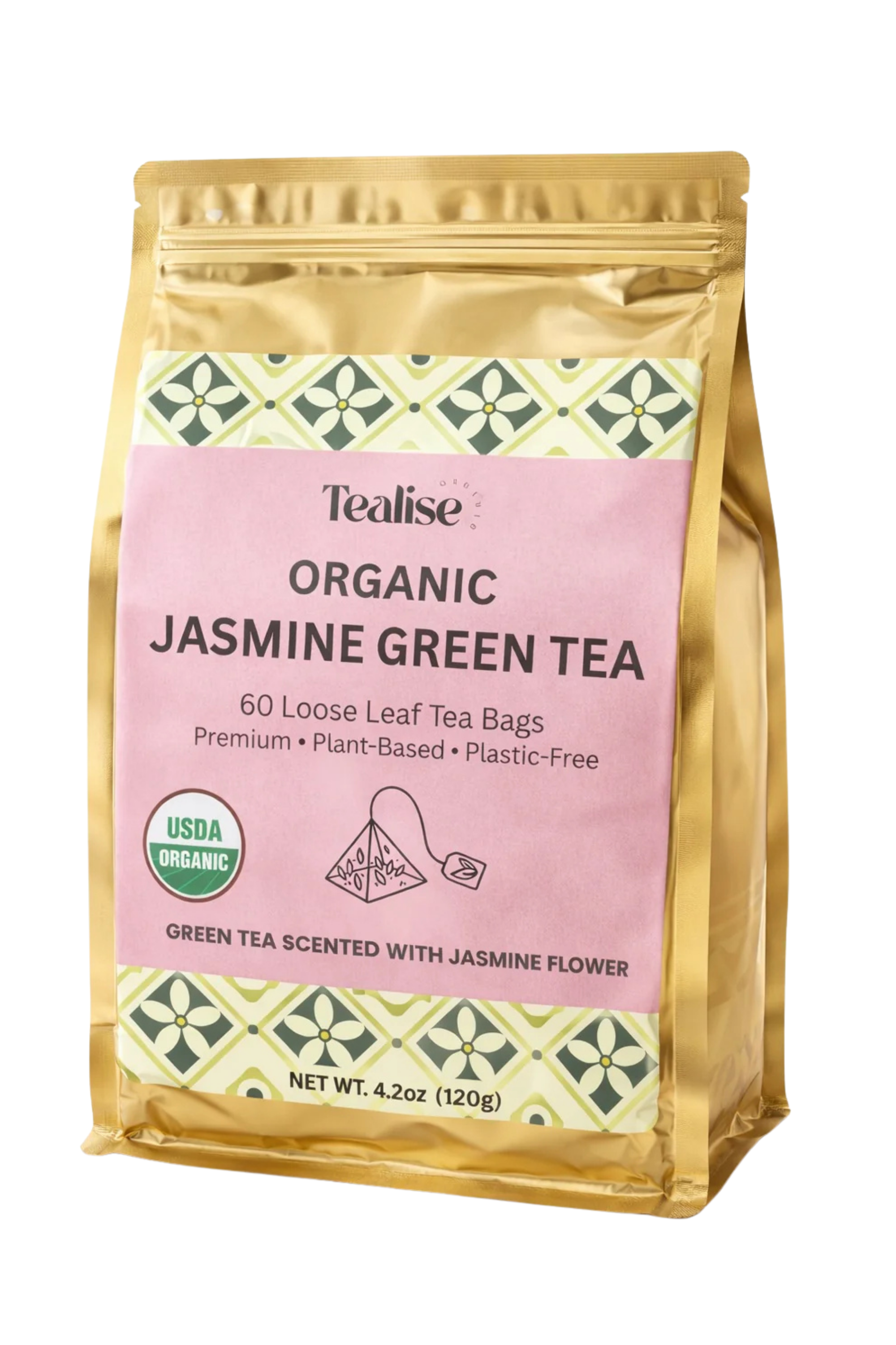 Organic Jasmine Green whole Leaf Pyramid Tea Bags – USDA Organic, Plant-Based & Plastic-Free Tea Bags, Smooth Floral Green Tea, 60 Count by Tealise