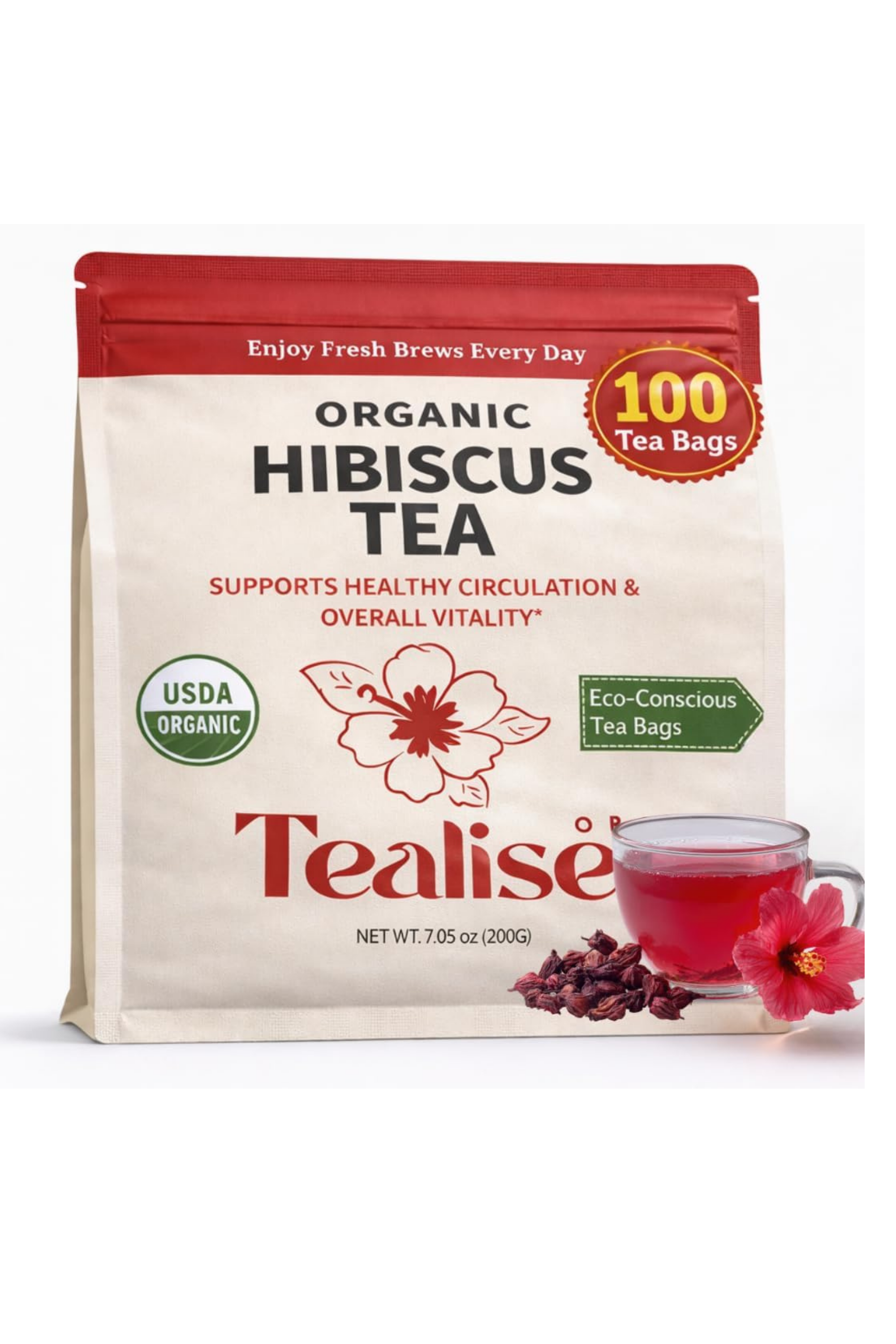 Organic Hibiscus Tea Bags – 100 Plant-Based Tea Bags – Hibiscus Flower Herbal Tea – Caffeine Free Herbal Tea – USDA Organic – Tealise