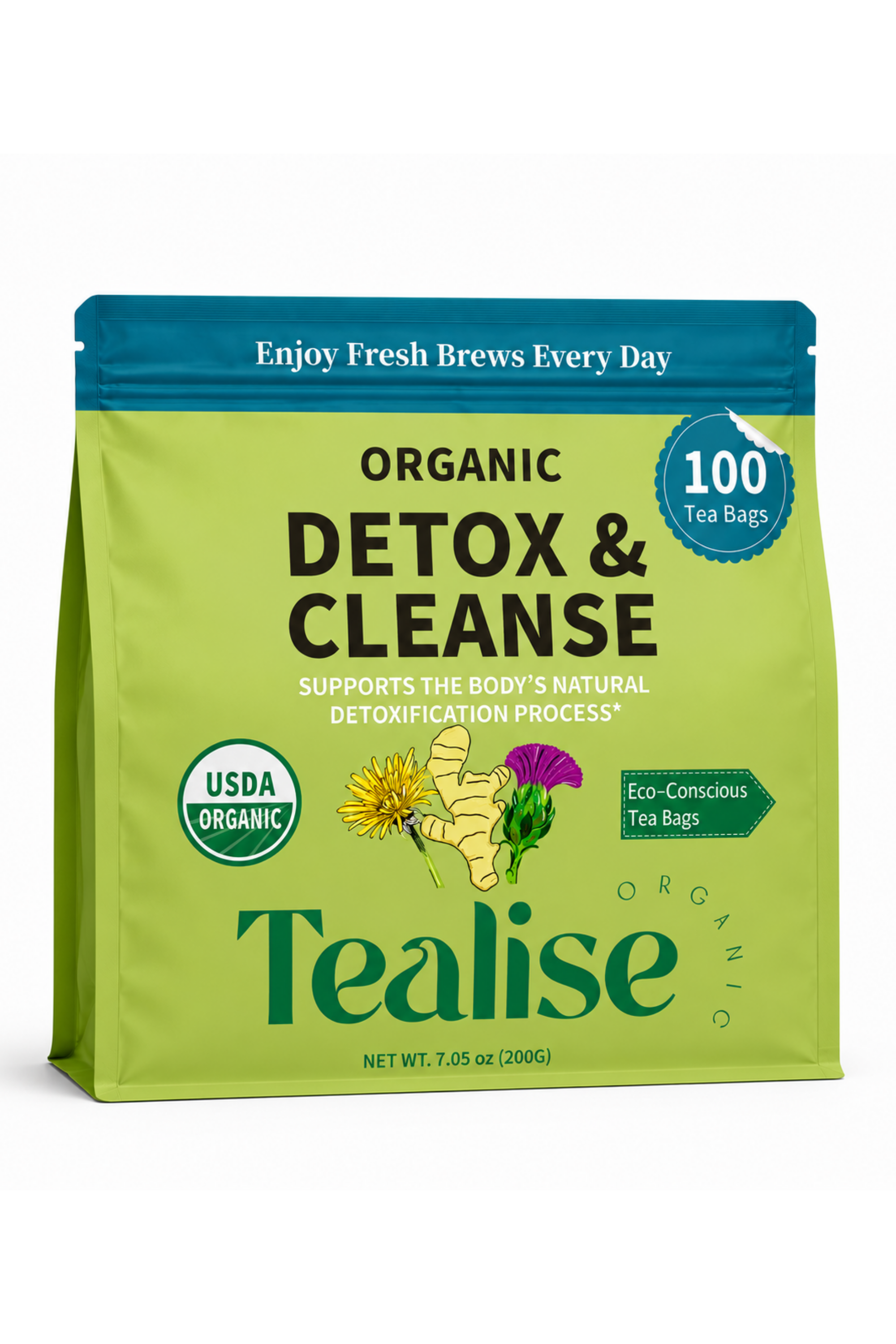 Organic Detox and Cleanse Dandelion Milk thistle Ginger Caffeine Free Herbal Tea – 100 Plant-Based Tea Bags – USDA Organic – Tealise
