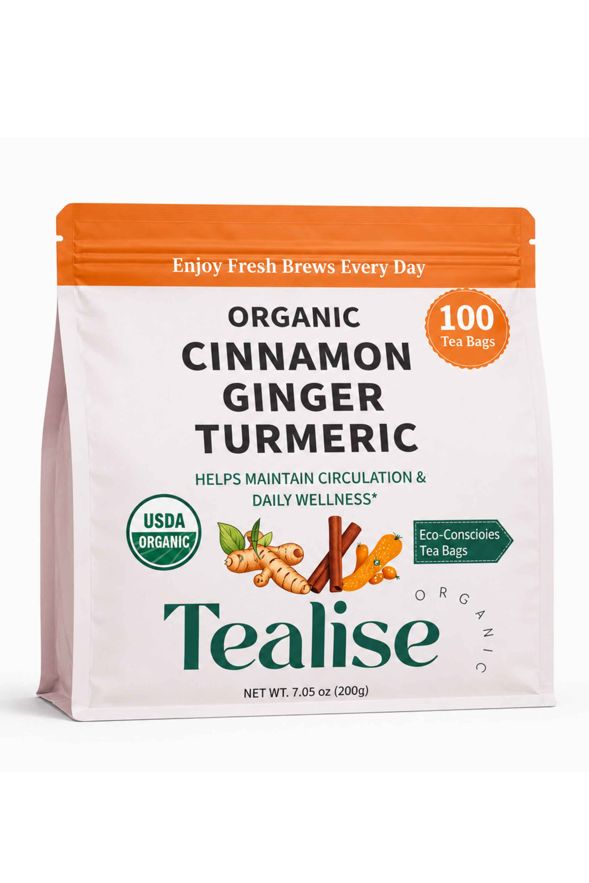 Organic Turmeric Ginger Cinnamon Herbal Tea Bags – Turmeric Ginger Herbal Tea – Caffeine Free Herbal Tea – 100 Plant-Based Tea Bags – USDA Organic – Tealise