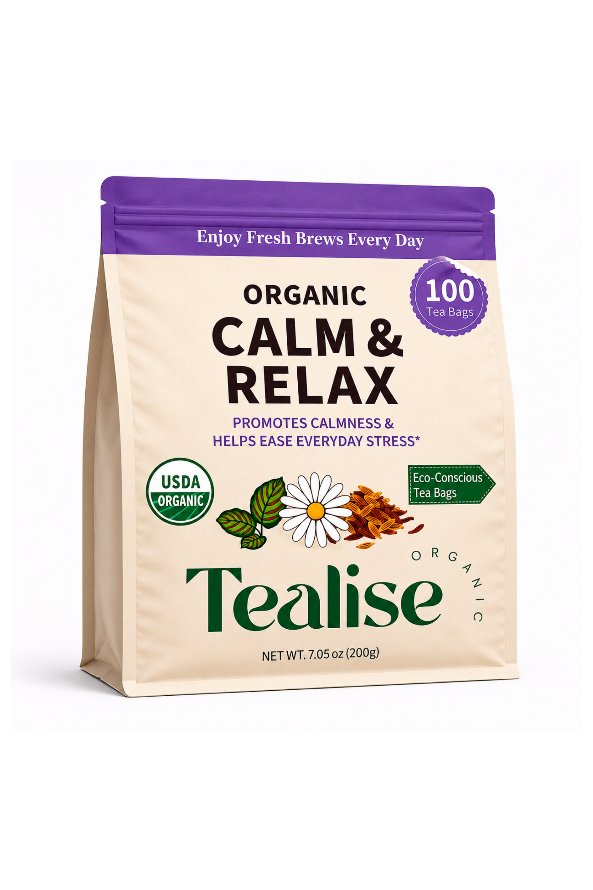 Organic Calm & Relax Herbal Tea Bags – Chamomile Tea Bags, Rooibos & Raspberry Leaf – 100 Plant-Based Tea Bags – Caffeine Free Sleep & Relaxation Bedtime Tea – USDA Organic Stress Relief Tea – Tealise