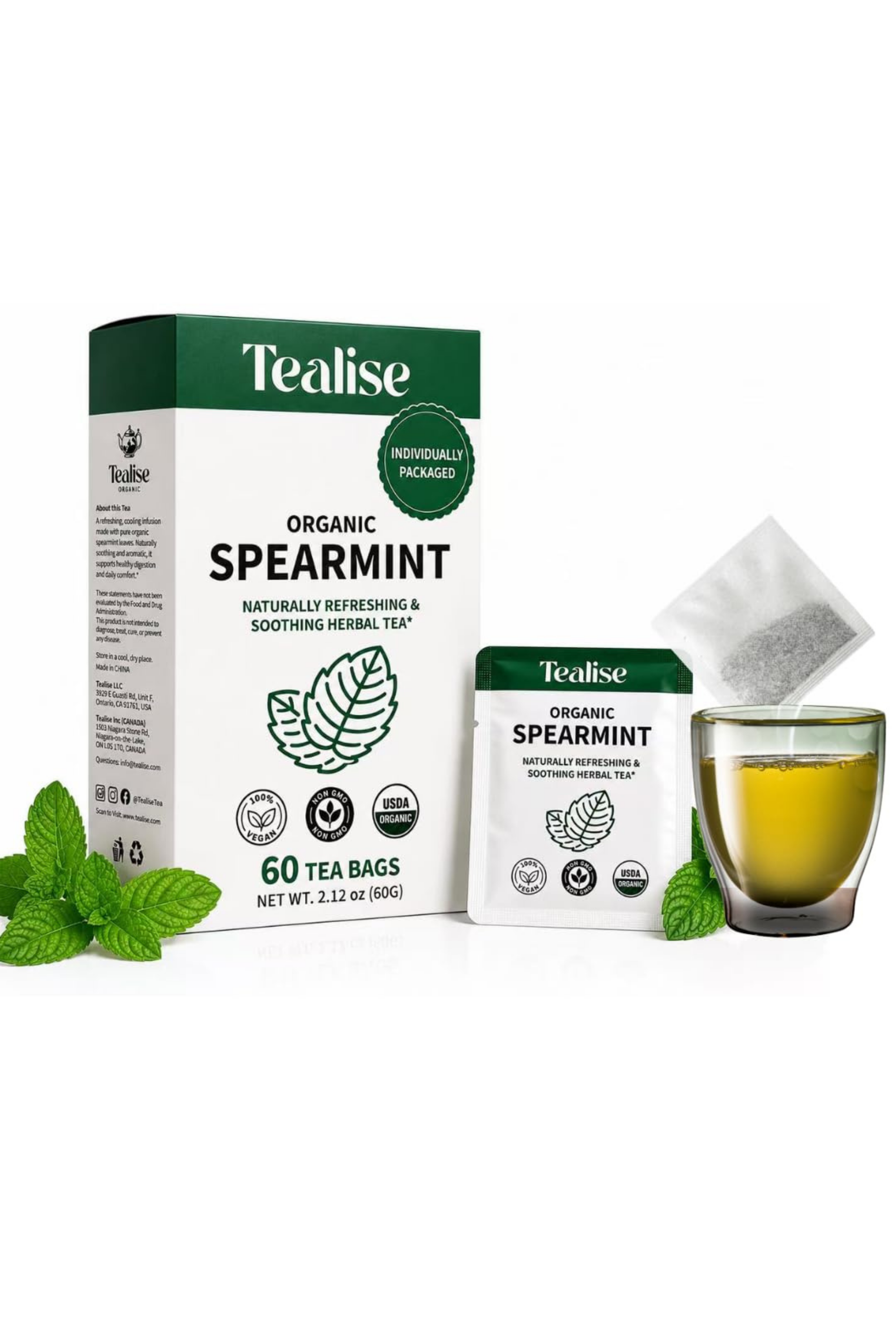 Organic Organic Spearmint Tea Bags 60 Servings with individual Wrap
