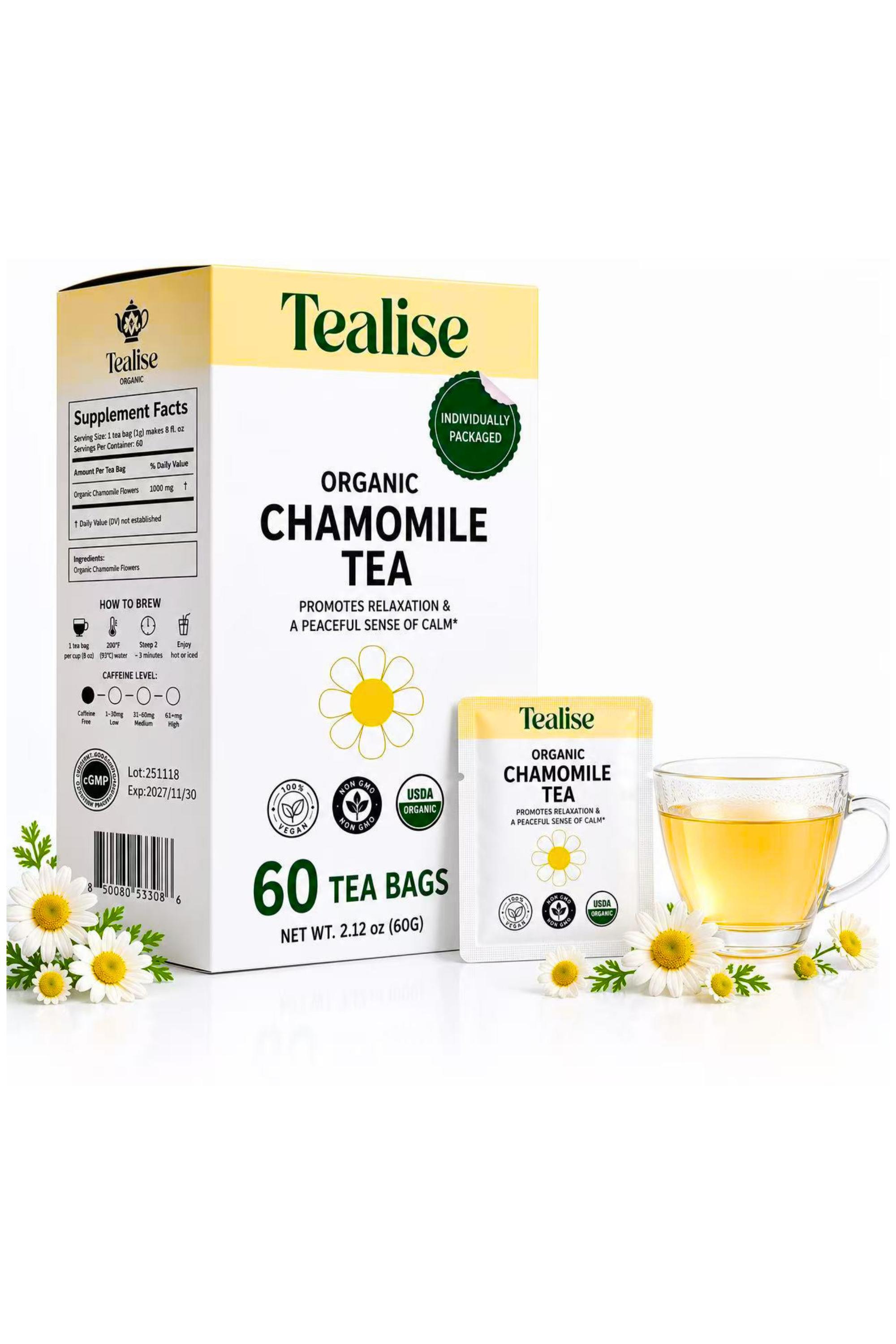 Organic Chamomile 60 Tea bag with indivudual Wrap