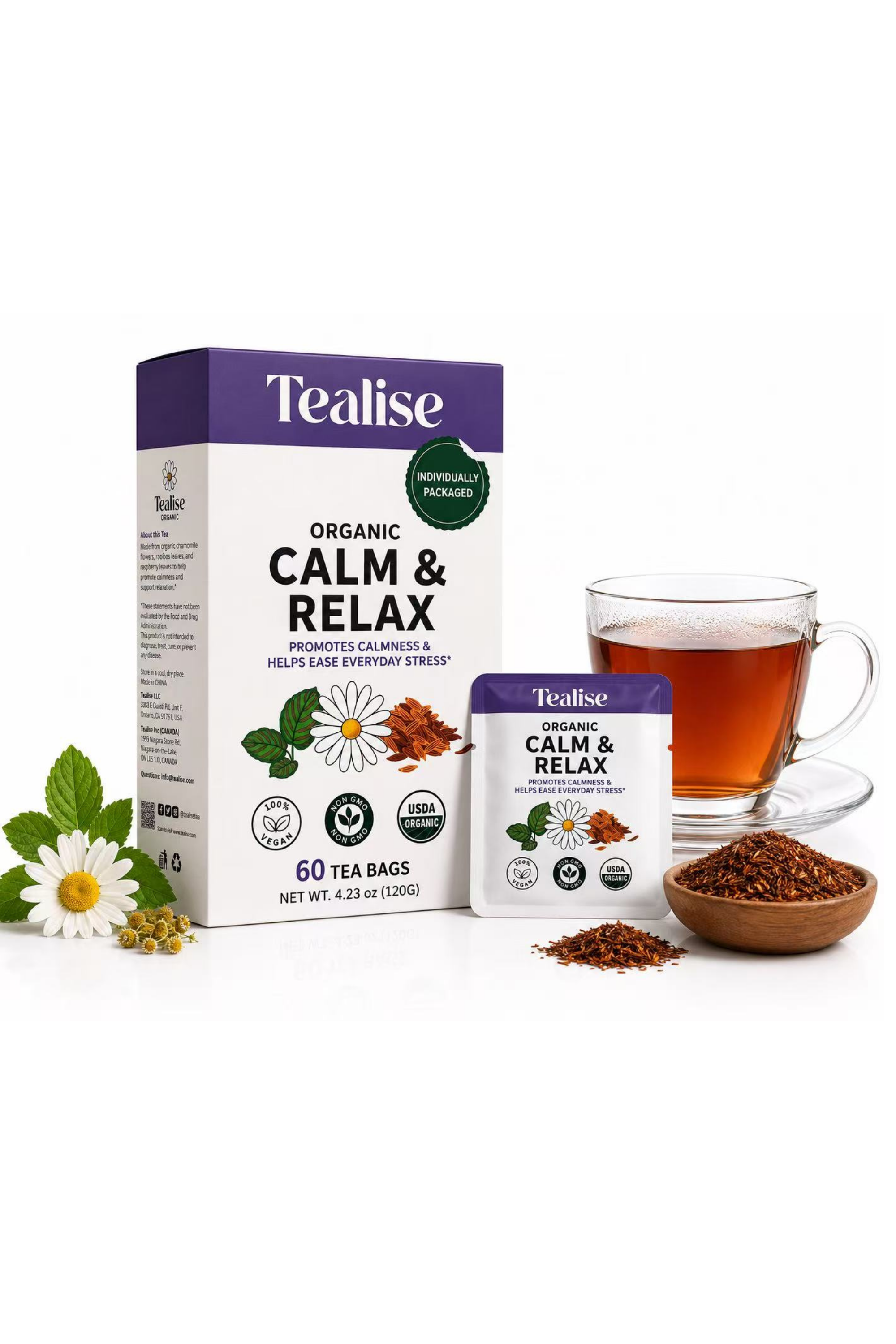 Organic Chamomile Tea Bags Rooibos Raspberry Leaf 60 Servings with individual Wrap
