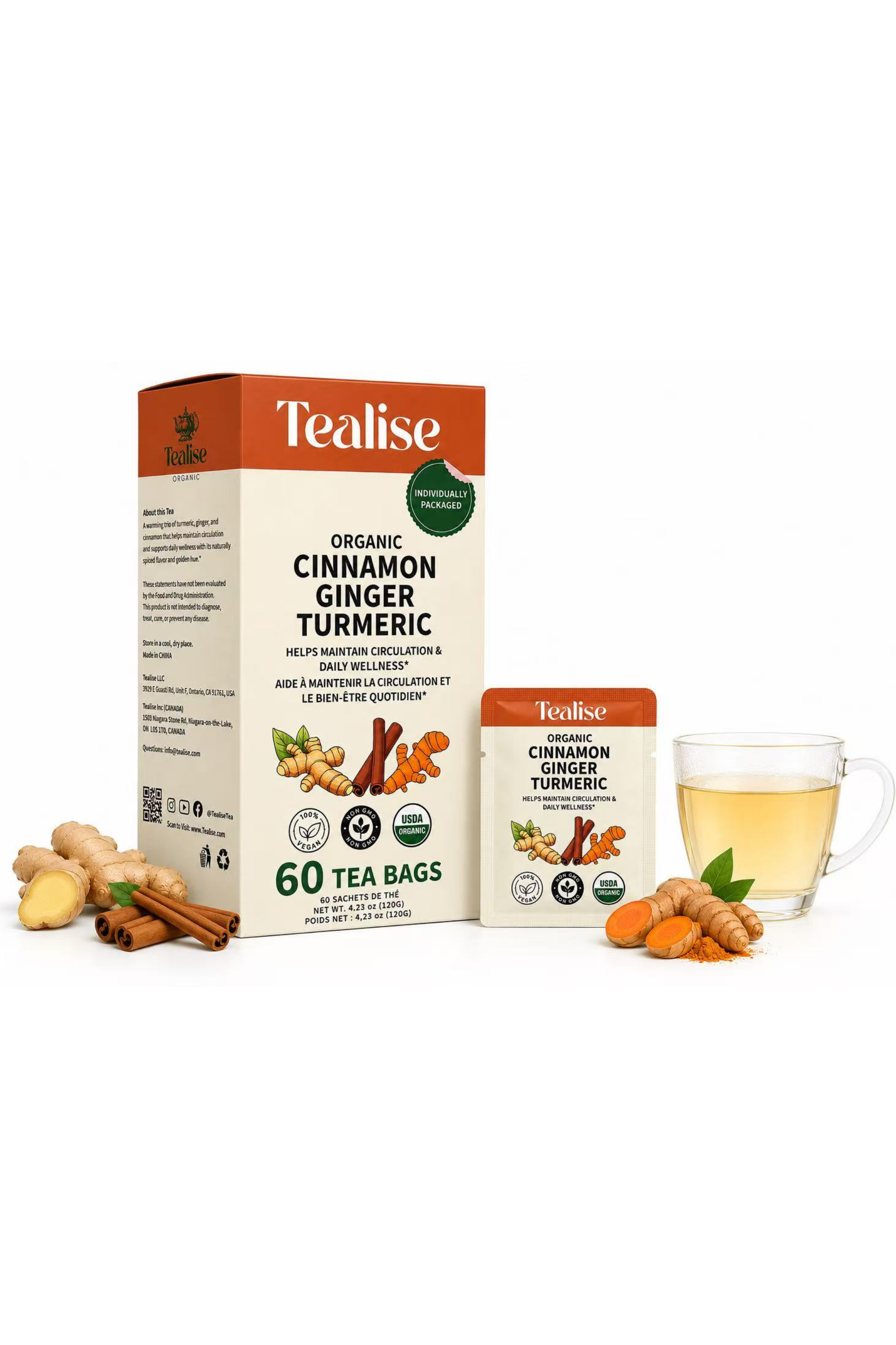 Organic Ginger Turmeric Cinnamon Teabag 60 Servings with individual Wrap