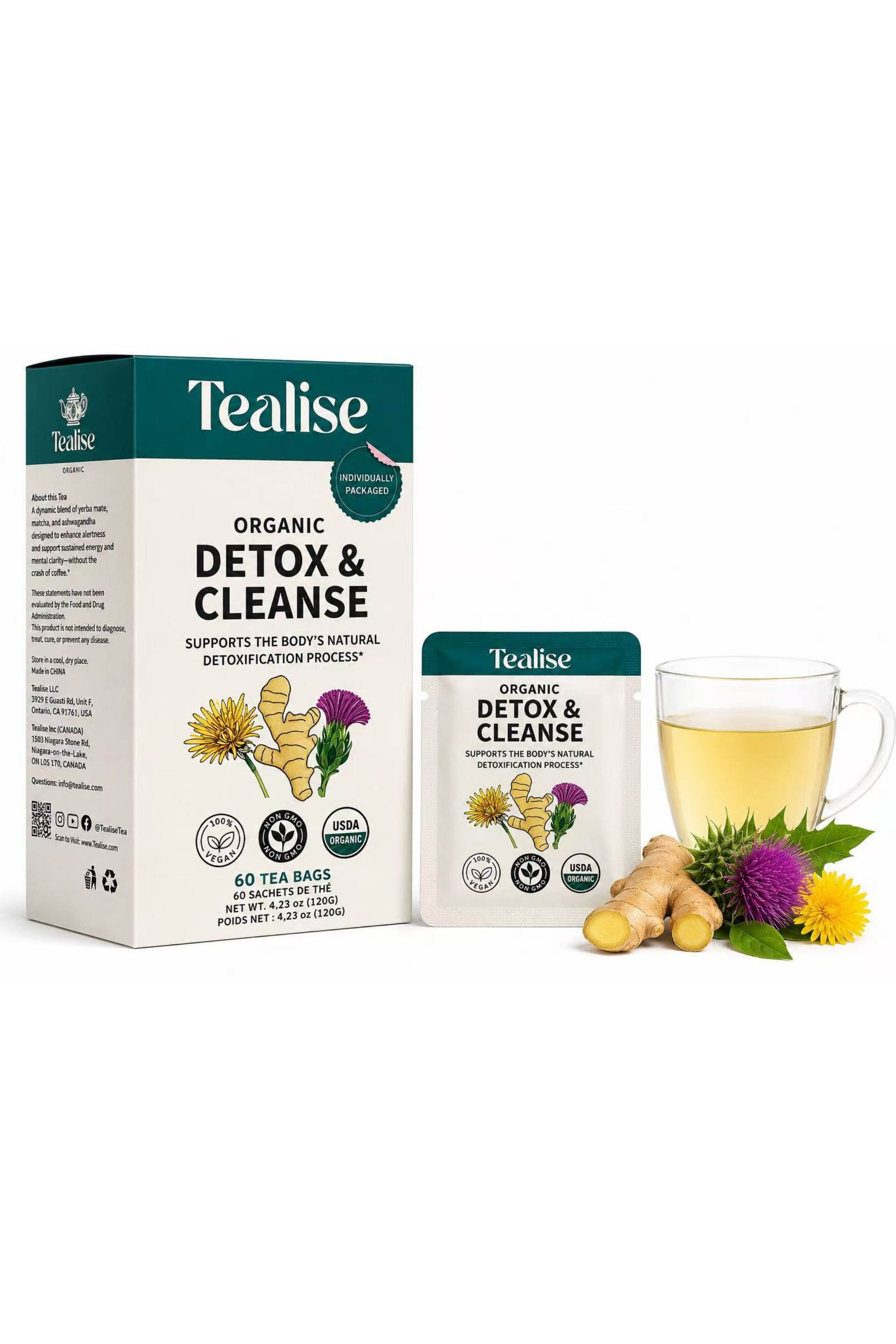 Tealise Organic Detox & Cleanse Tea 60 Plant-Based Tea Bags with individual Wrap