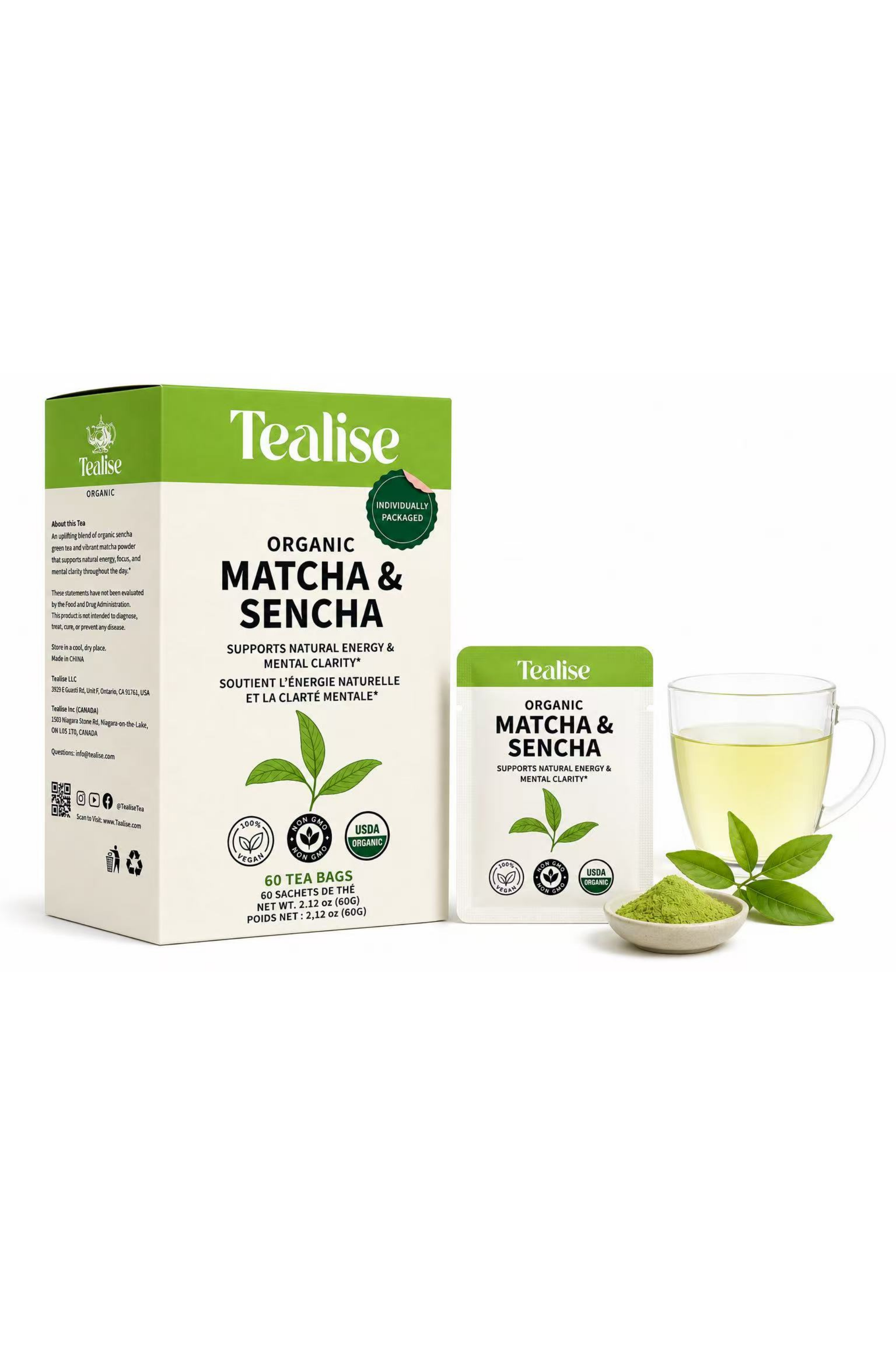 Matcha and Sencha Teabags 60 Servings with  individual Wrap