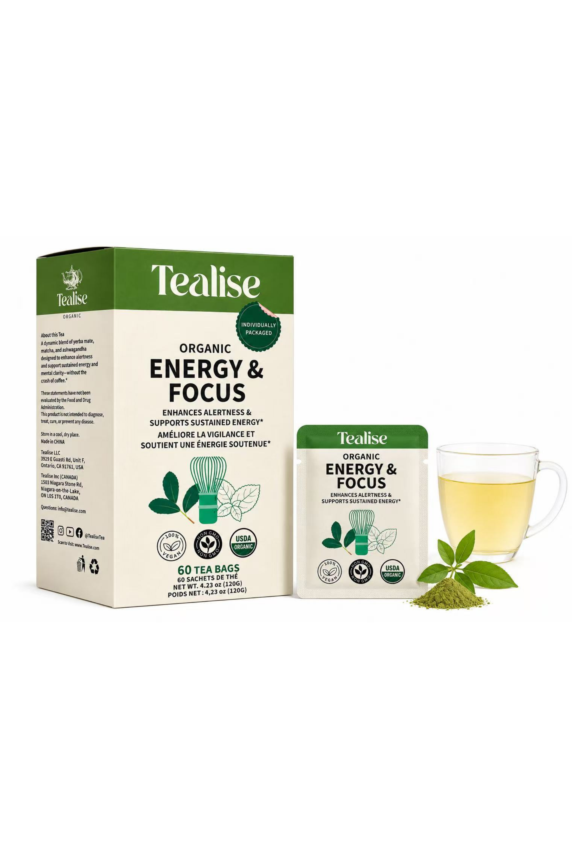 Organic EnergyFocus Tea Bags Yerba Mate, Matcha Powder, Ashwagandha Root, 60 Servings Plant-Based Tea Bags – Caffeine Free