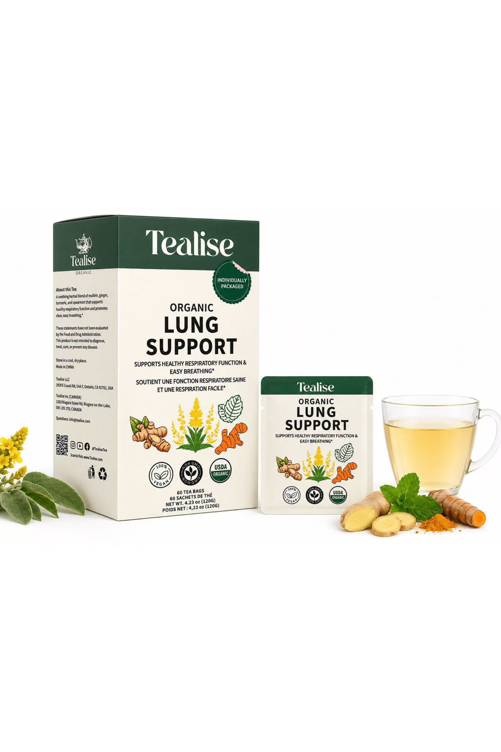 Lung Support Tea 60 Servings Plant-Based Tea Bags – Caffeine Free with individual Wrap