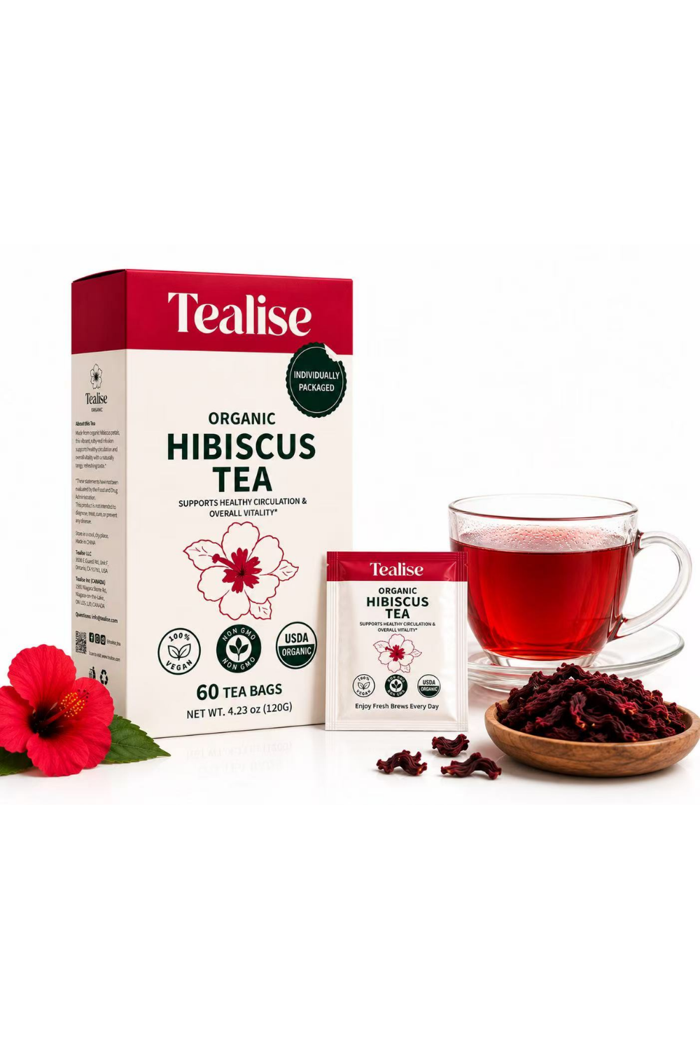 Organic Hibiscus Tea 60 Plant-Based Tea Bags with individual Wrap