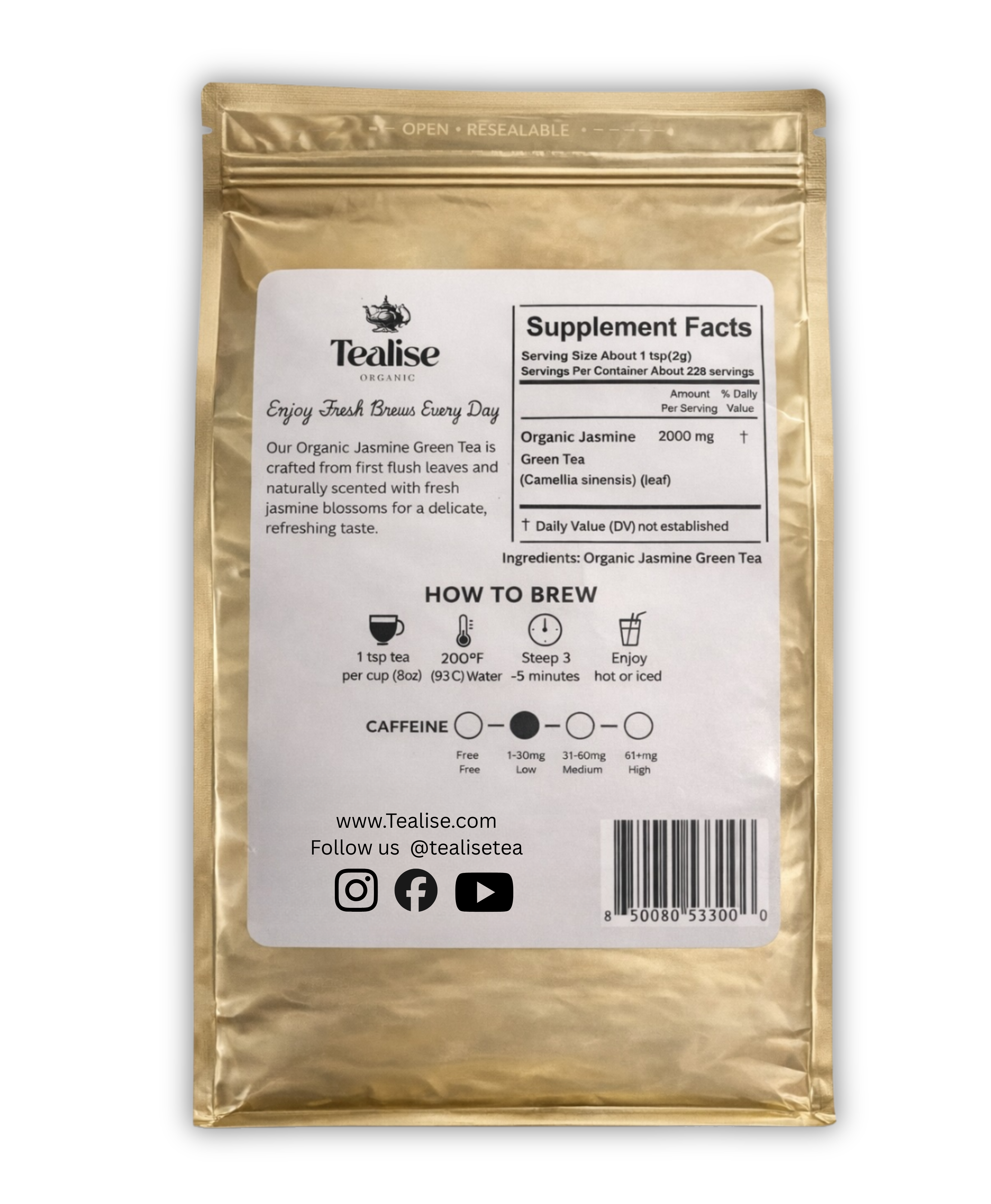 Organic Jasmine Green Tea Loose Leaf Whole Leaf, USDA Organic Smooth Floral Aroma Antioxidant Rich Green Tea 1 lb (456g) About 228 Servings by Tealise