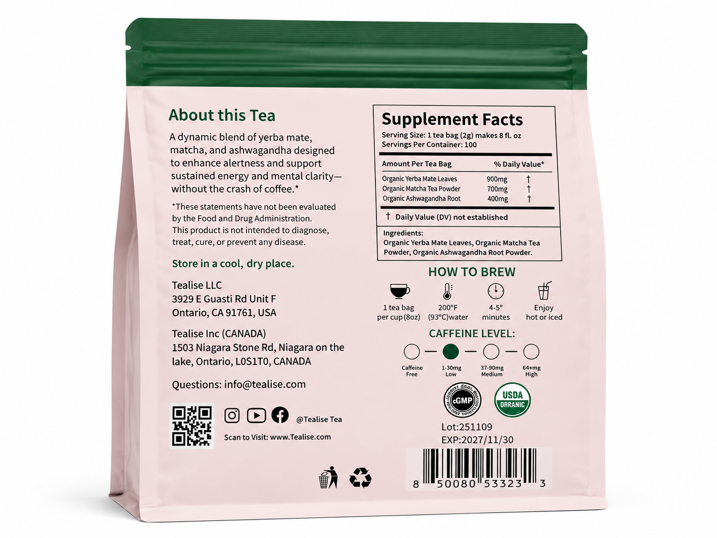 Organic Energy & Focus with Yerba Mate Matcha Ashwagandha Caffeine Free Herbal Tea – 100 Plant-Based Tea Bags – USDA Organic – Tealise