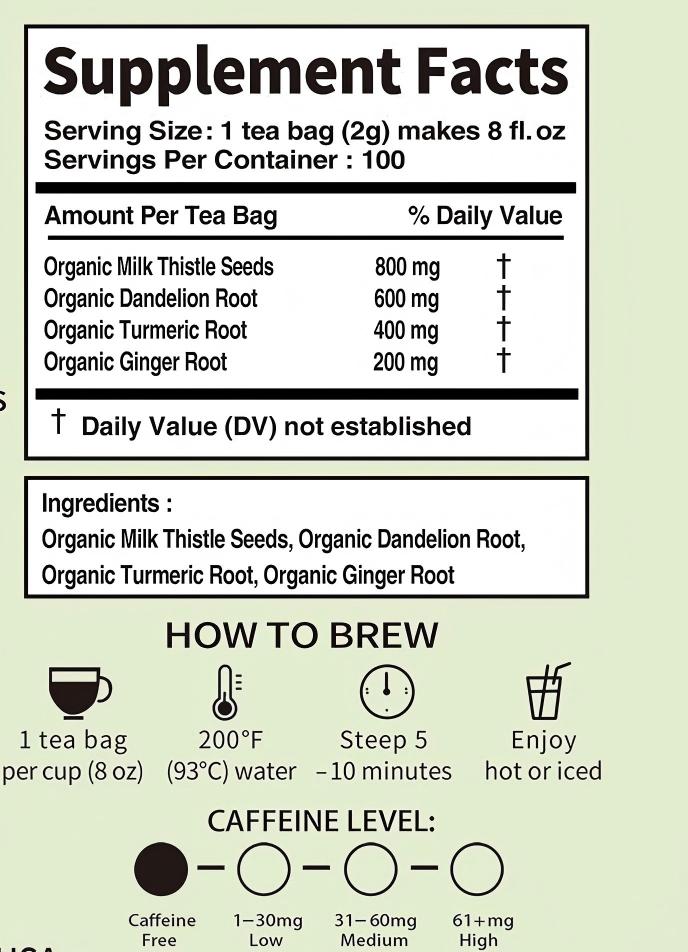 Organic LiverReset Milk Thistle Seeds Dandelion Turmeric Root Ginger Root Tea 100 Serving 100 Plant-Based Tea Bags – Caffeine Free by Tealise